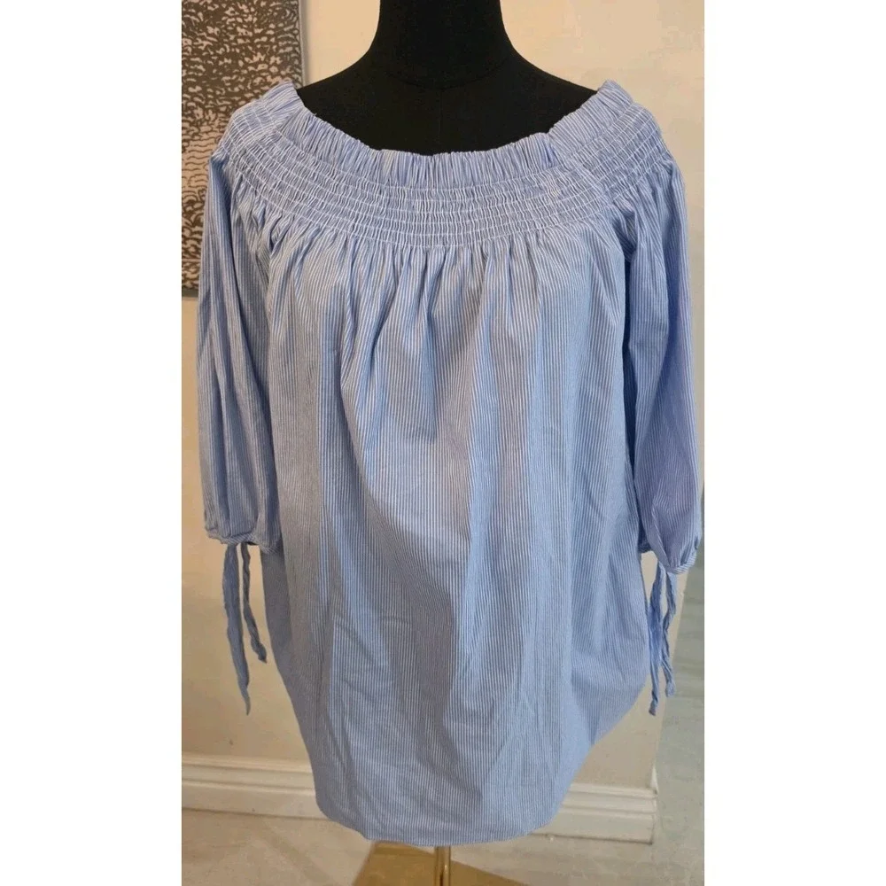 DO+BE Off‎ The Shoulder Top Smocked Tie Sleeve Coastal Grandmillennial Preppy S